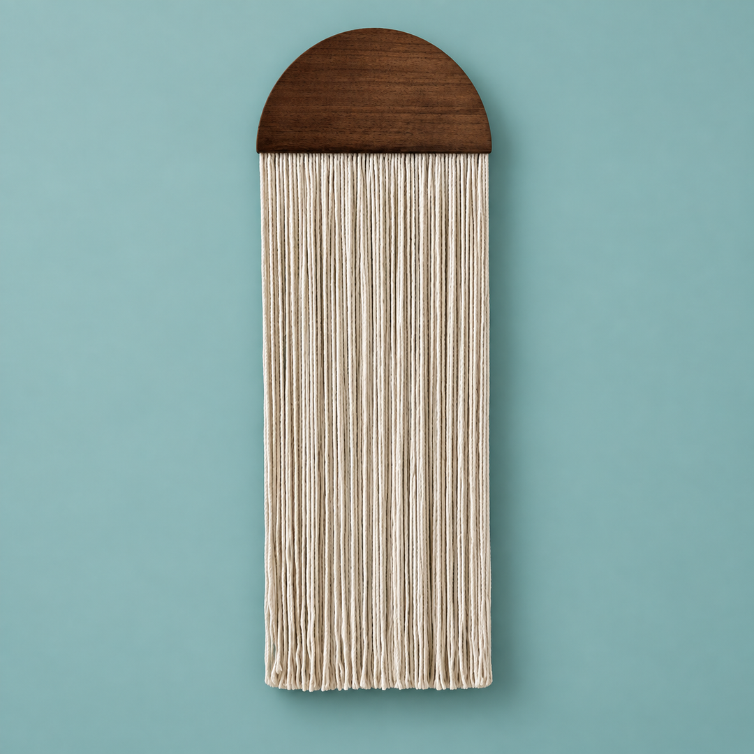A vertical wall hanging with a dark brown wooden semicircular top and long cream-colored fringe strands, shown against a solid light blue background.