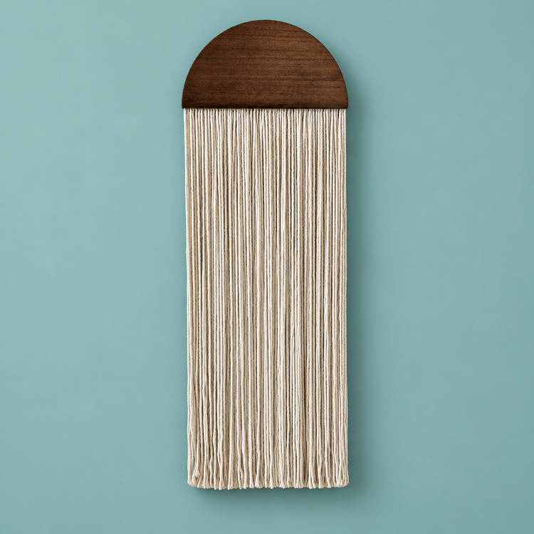 Cream fringe under a small dark half round wood panel on a teal background