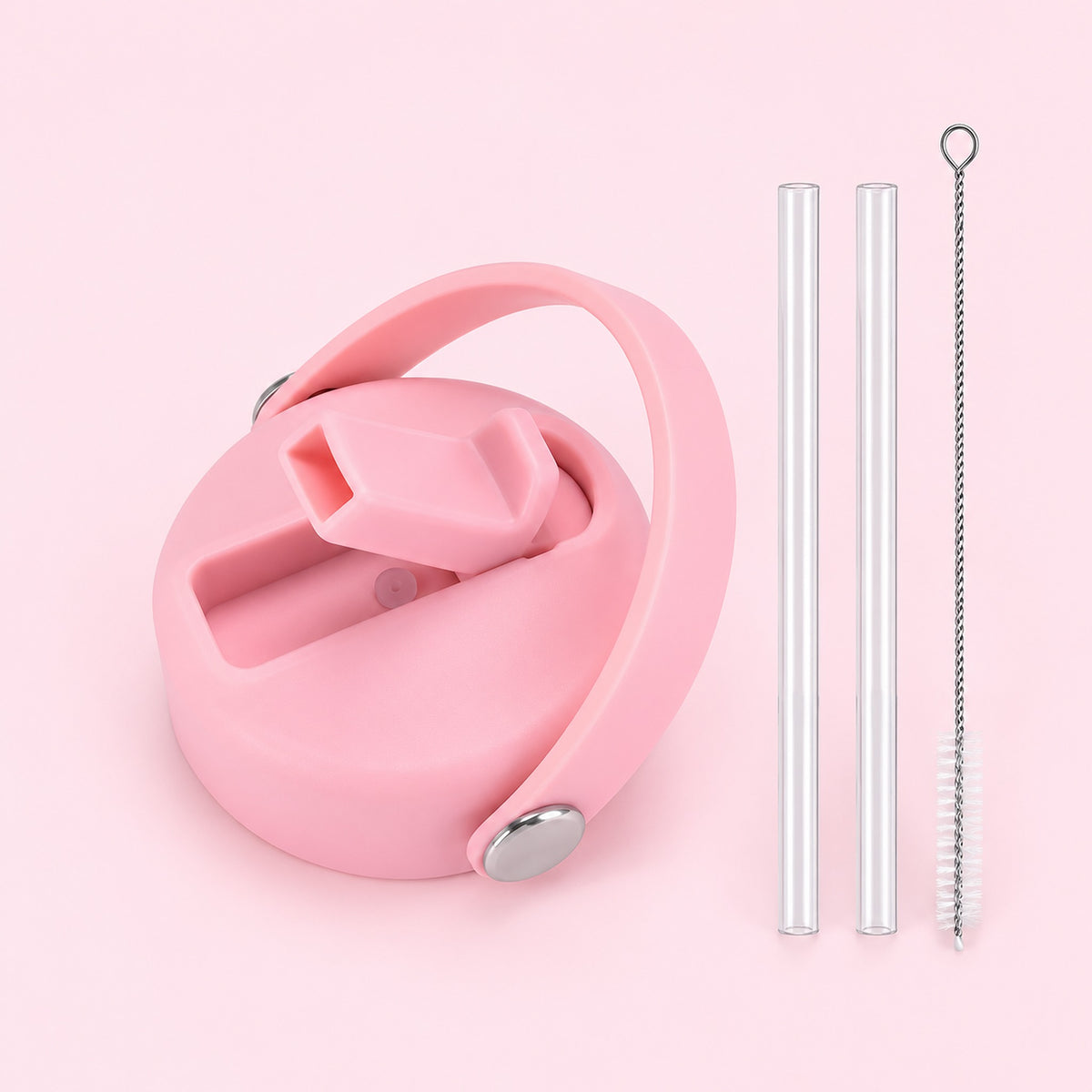 Pink replacement lid with two clear straws and a cleaning brush.