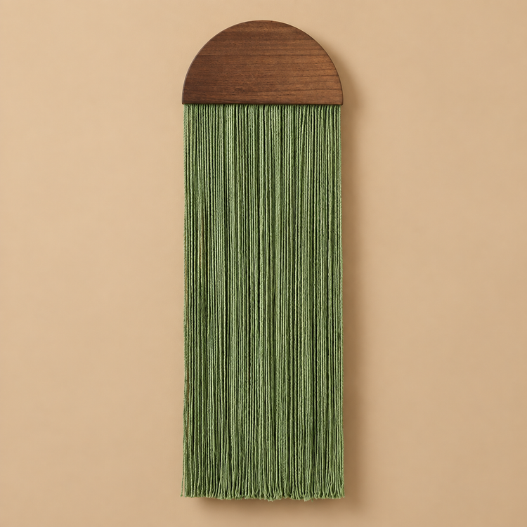 Green fringe hanging below a small dark half round wood disc on sand