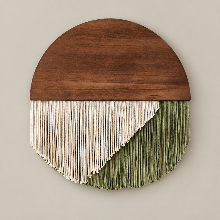 Dark half round with cream and green diagonal fringe on a cream background