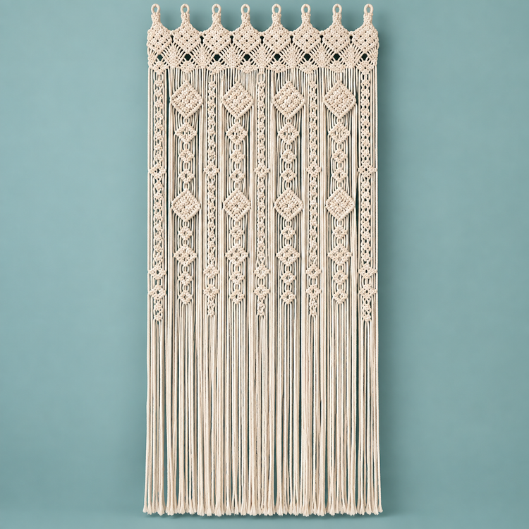 Cream macrame door curtain with a diamond and lattice header on a teal wall
