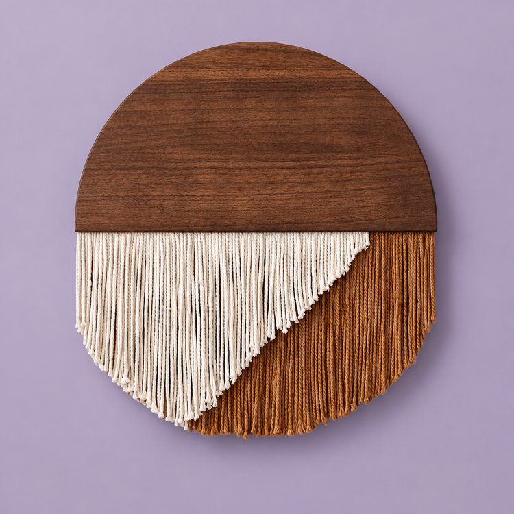 Dark half round wood disc with cream and rust diagonal fringe on lilac
