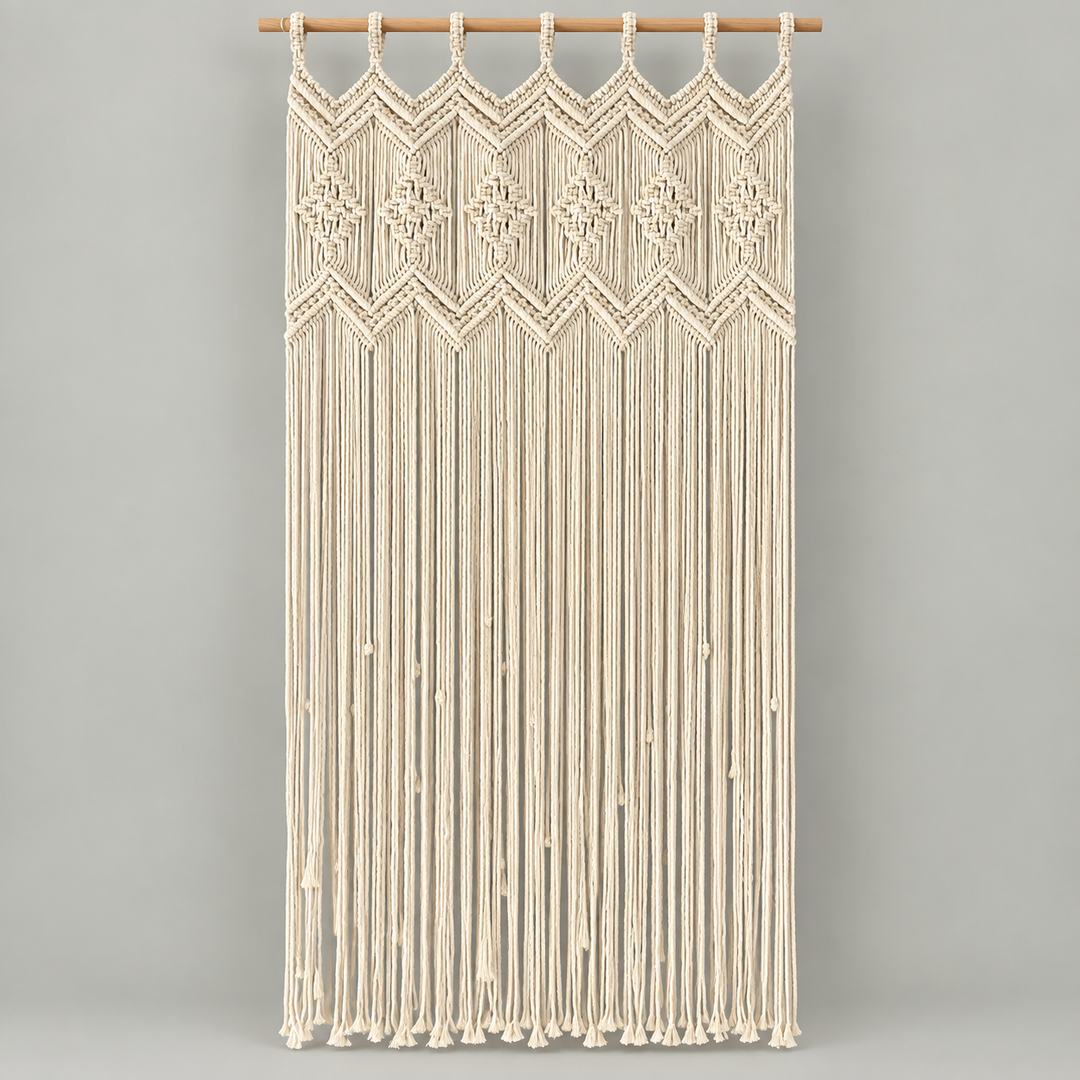Cream macrame wall hanging with geometric woven patterns and long fringe, suspended from a wooden rod against a light gray background.