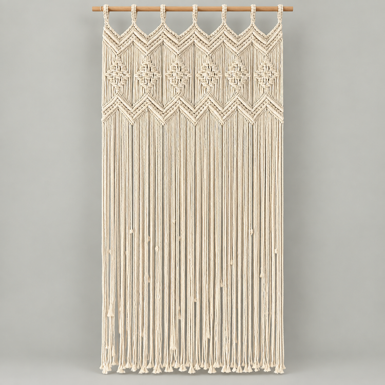 Macrame door curtain with a dense geometric knotted header on a gray background