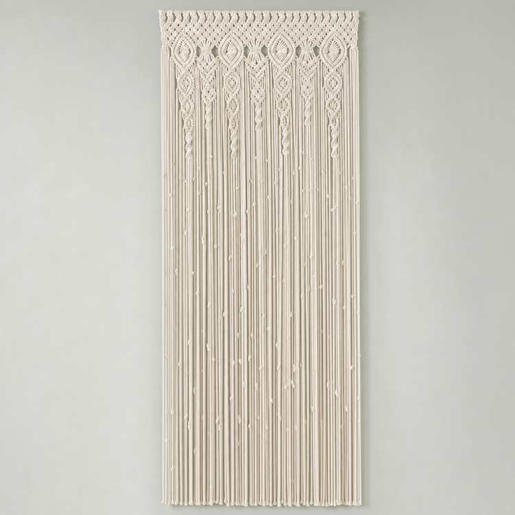 An off-white macrame wall hanging with intricate woven patterns and long hanging cords, displayed against a neutral light gray wall.