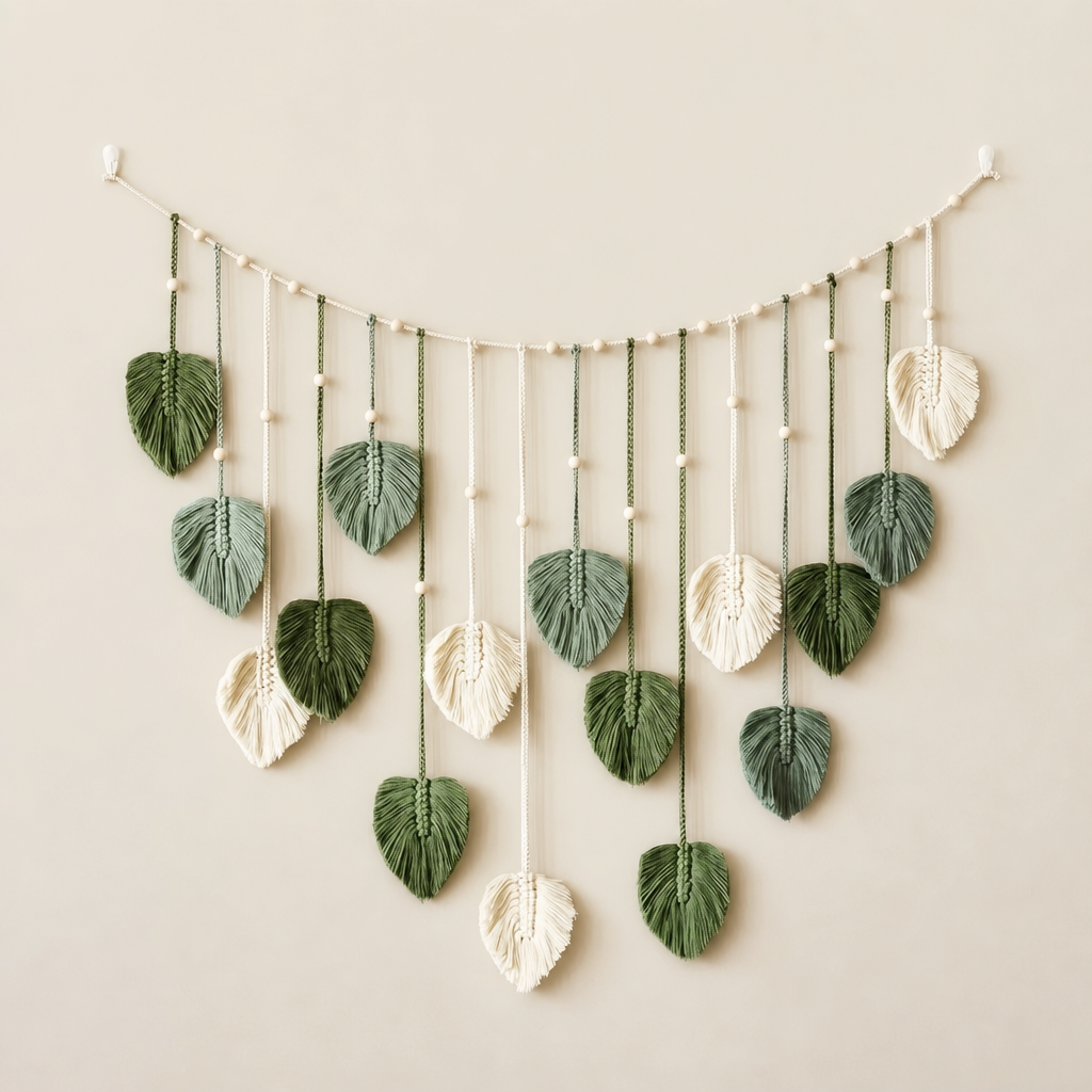 A bohemian-style leaf garland featuring textured macrame leaves in shades of forest green and cream, hanging from a string with small wooden beads against a warm beige wall.