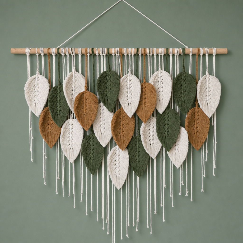 Macrame Leaf Wall Hanging, 10, 15 or 21 Leaves - cream, forest green and caramel