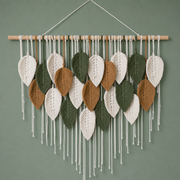 Macrame Leaf Wall Hanging, 10, 15 or 21 Leaves - cream, forest green and caramel