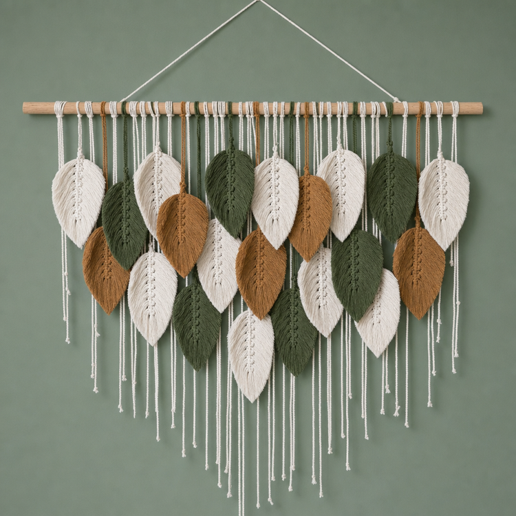 A handmade macrame wall hanging featuring knitted leaf-shaped ornaments in cream, olive green, and tan, suspended from a light wood dowel against a muted sage green wall.