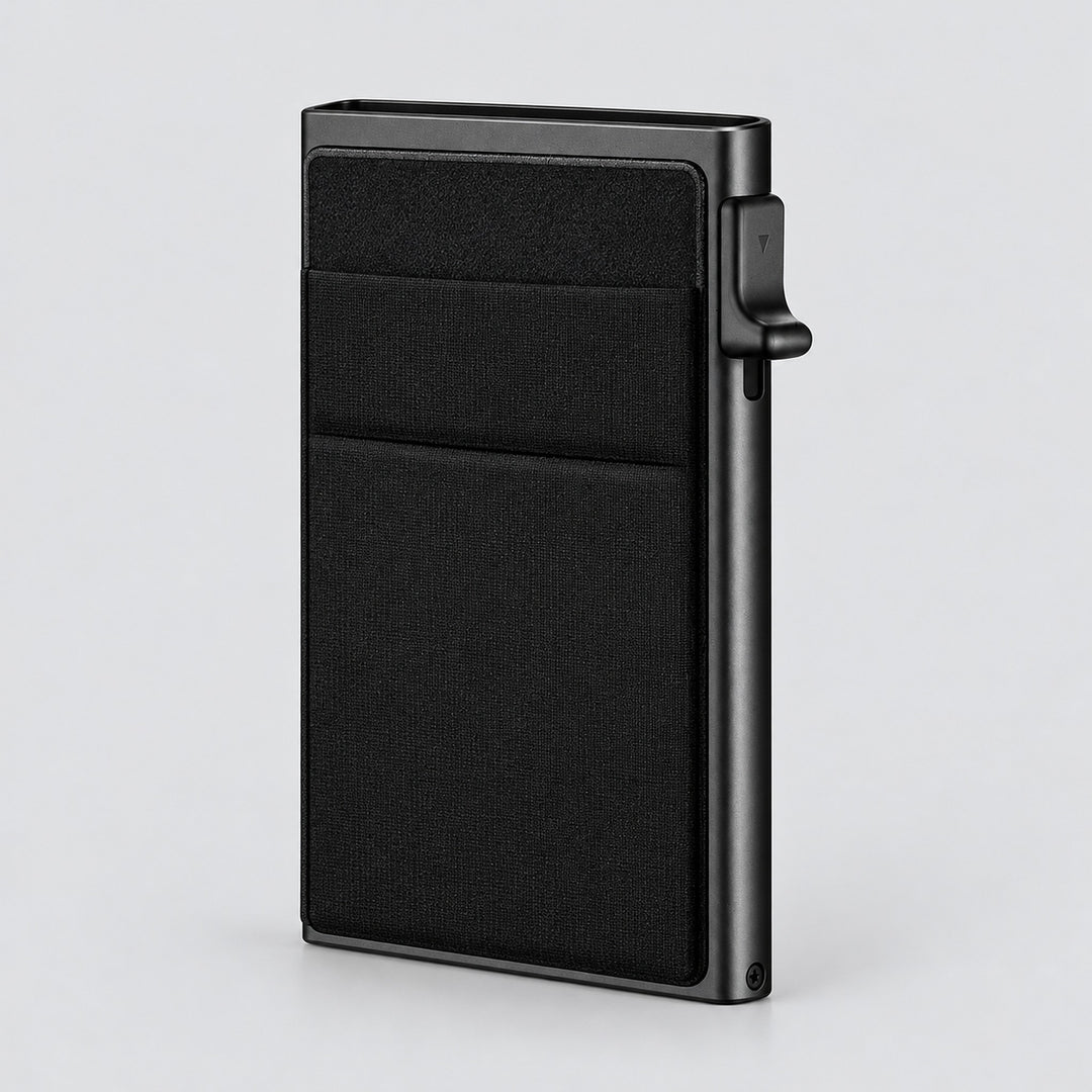 One empty all-black slim card wallet.