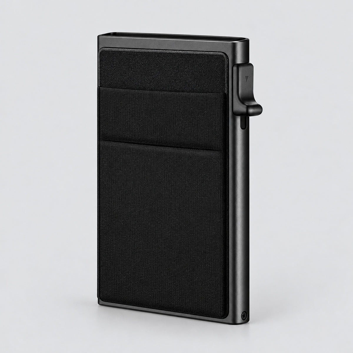 One empty all-black slim card wallet.