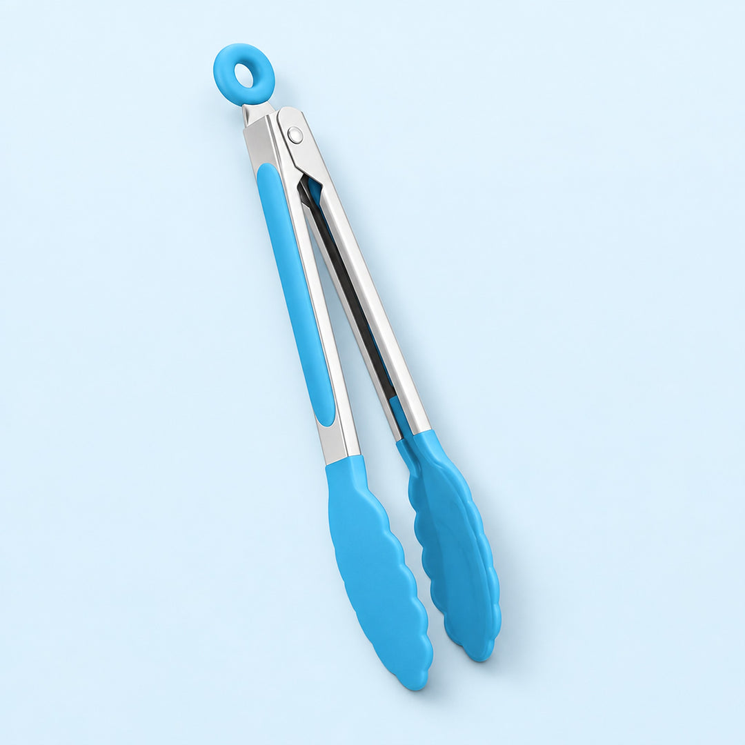 Blue silicone and stainless steel tongs with a hanging loop, shown on a light blue background.