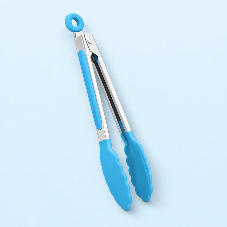Blue silicone and stainless steel tongs with a hanging loop, shown on a light blue background.