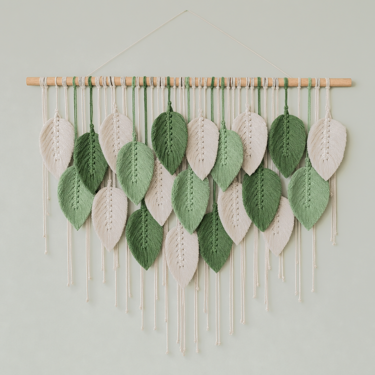 A handmade wall hanging featuring knitted leaf shapes in sage green and cream, suspended from a light wood dowel with long cream fringe, set against a solid pale gray-green background.