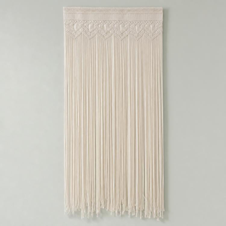 A cream-colored macrame wall hanging with intricate woven patterns at the top and long hanging cords below, displayed against a light gray wall.