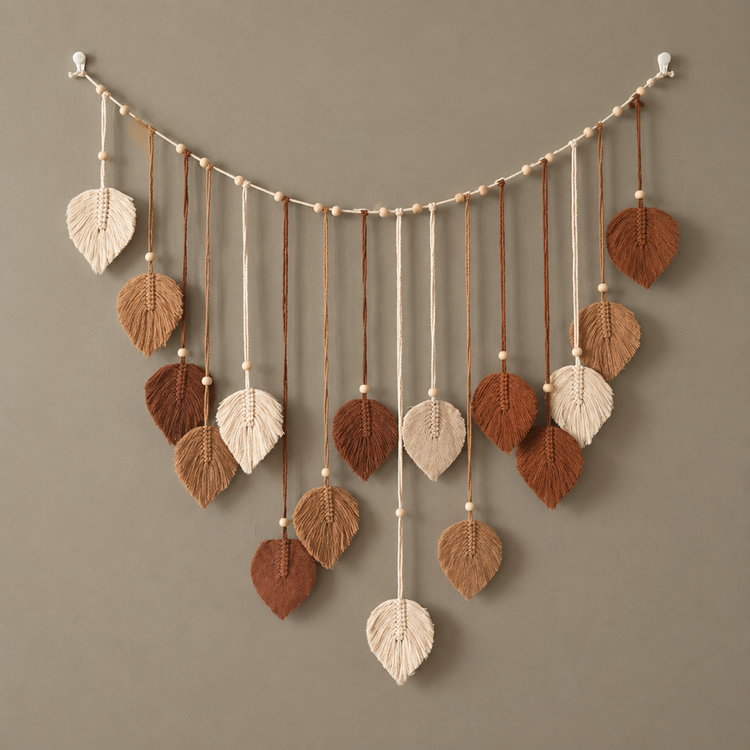 A bohemian-style leaf garland wall hanging made of knotted woven leaves in shades of cream, tan, and terracotta brown, suspended from a cord with wooden beads against a solid taupe background.