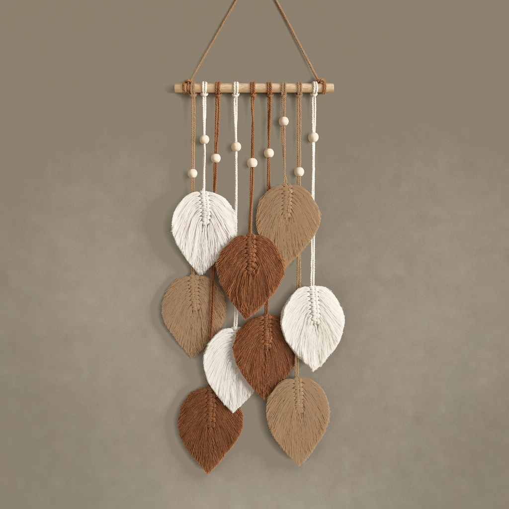 Macrame Leaf Wall Hanging, 25 x 60 cm, 2 Colors - Coffee Mix