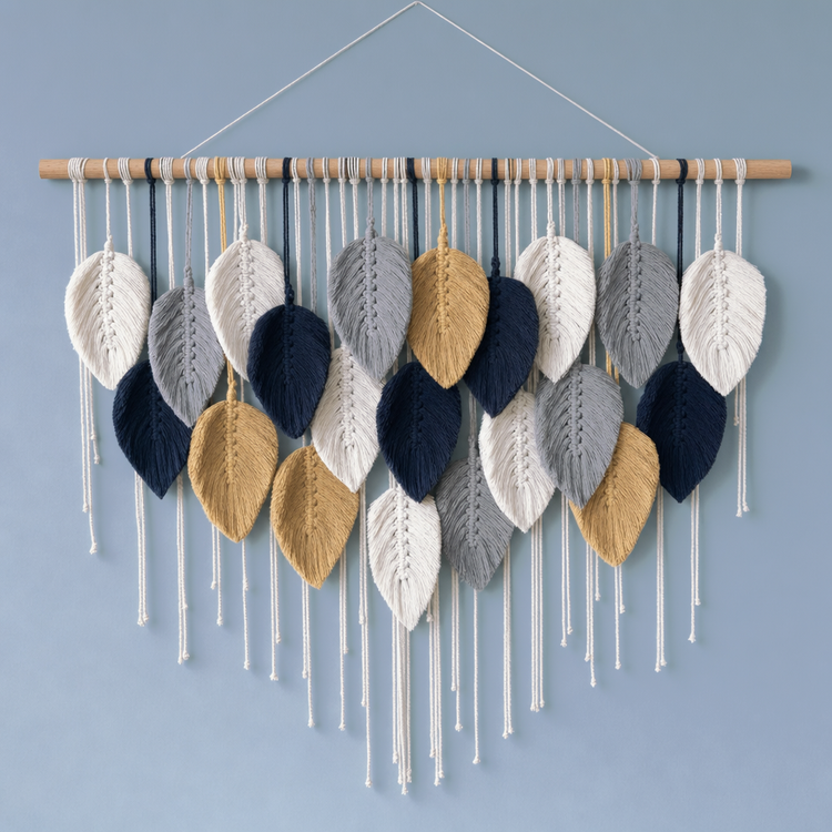 A bohemian-style woven wall hanging featuring knitted leaf shapes in navy, gray, white, and mustard yellow, suspended from a light wood dowel with a white hanging string against a solid light blue wall.