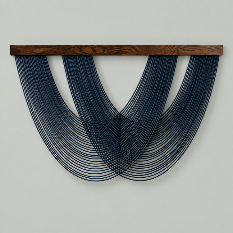 Deep indigo swag fan wall hanging with a central lattice on a pale blue wall
