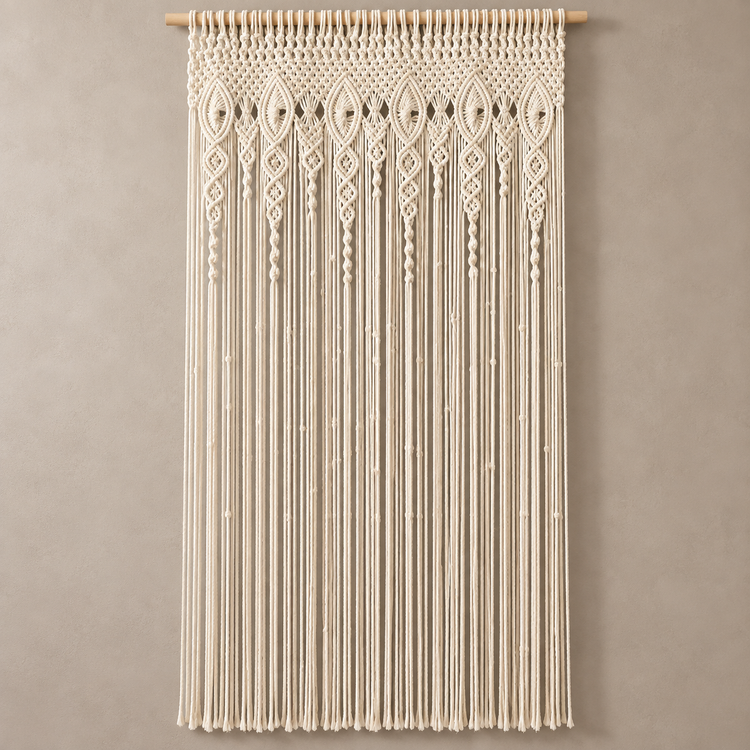 Full length cream macrame door curtain against a warm gray studio wall