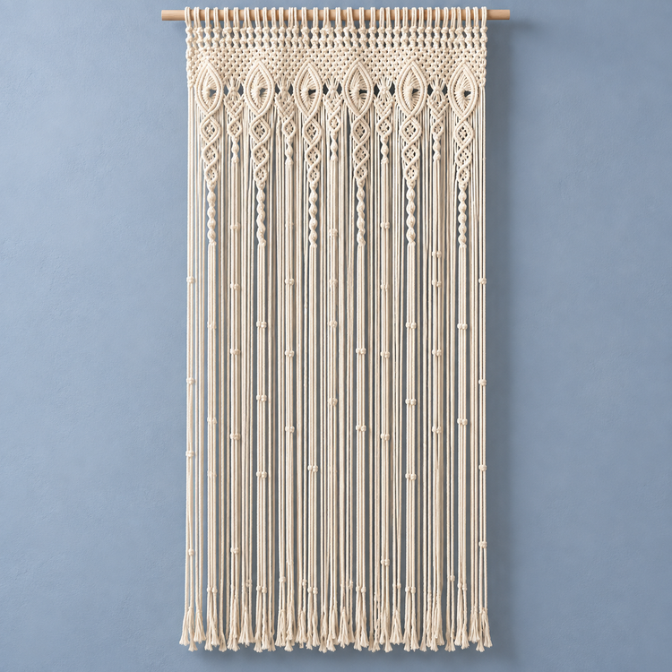 Cream macrame door curtain with an eye and diamond header on a blue wall