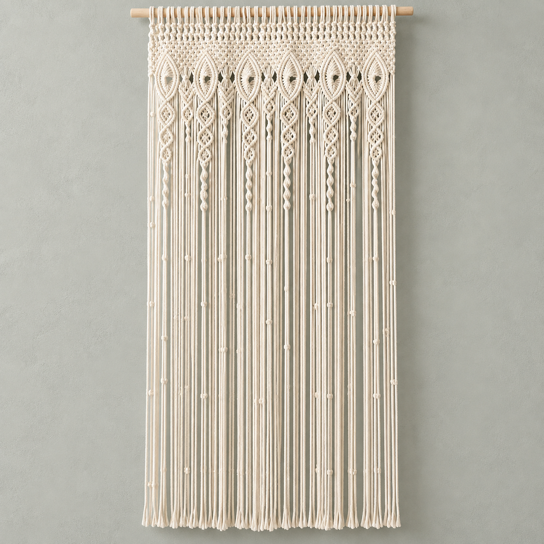 Cream macrame wall hanging with intricate woven patterns and long fringe, suspended from a light wood rod against a textured gray wall.