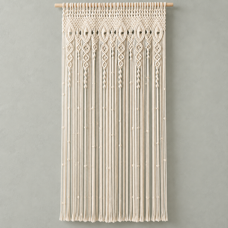 Cream macrame door curtain with knotted header on a sage green background