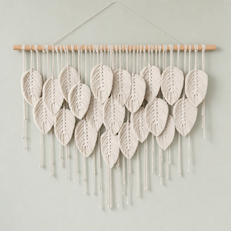 A macrame wall hanging featuring multiple textured, leaf-shaped woven elements suspended from a light natural wood dowel, with long fringe strands hanging below, shown against a solid pale sage green wall.