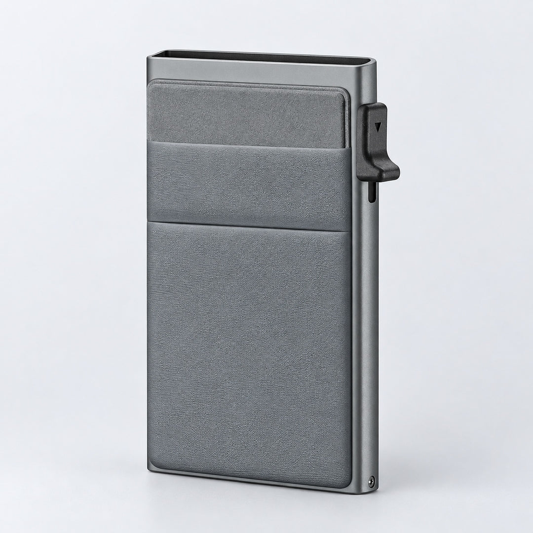 One empty gray metal and gray-front slim card wallet.