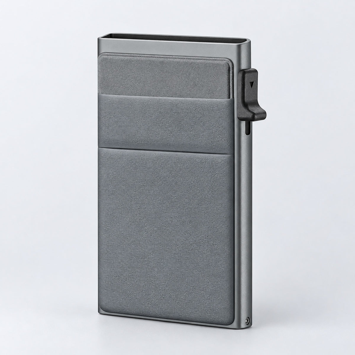 One empty gray metal and gray-front slim card wallet.
