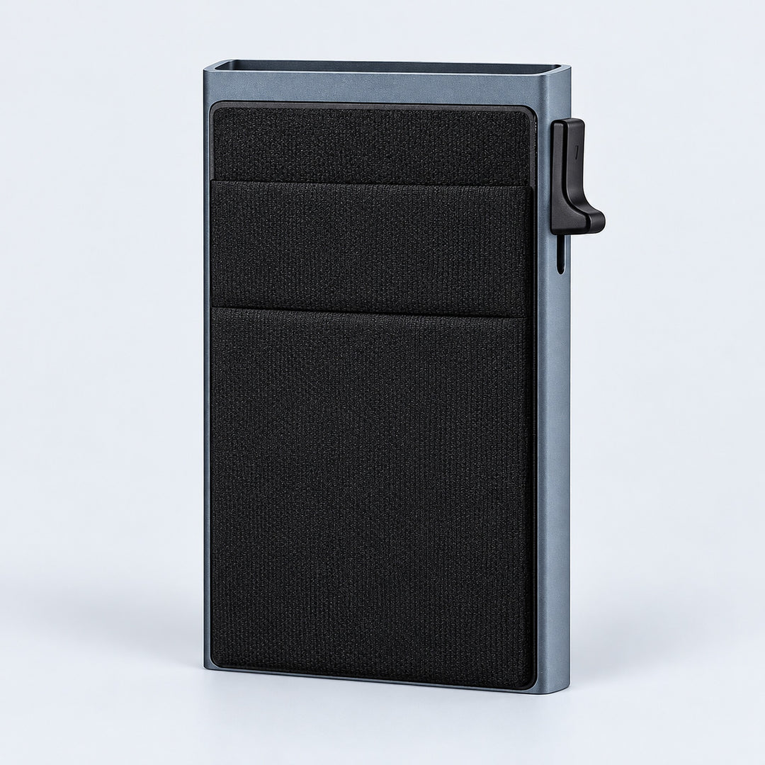 One empty gray metal and black-front slim card wallet.