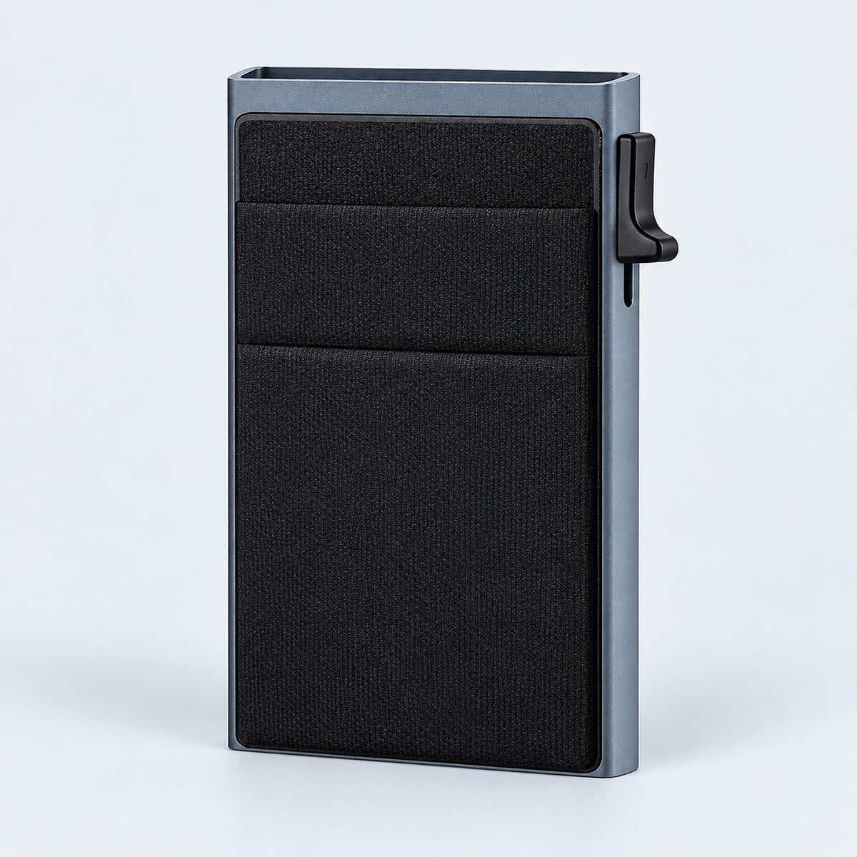 One empty gray metal and black-front slim card wallet.