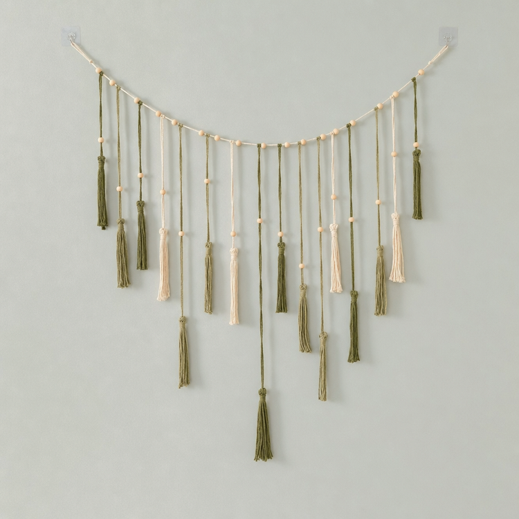 Beaded Cord Wall Garland, 120 cm, Leaf or Tassel Ends - Green - Tassel