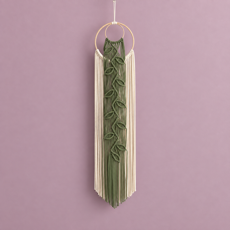 Sage green knotted leaf vine down cream cord curtains from a wooden ring on mauve