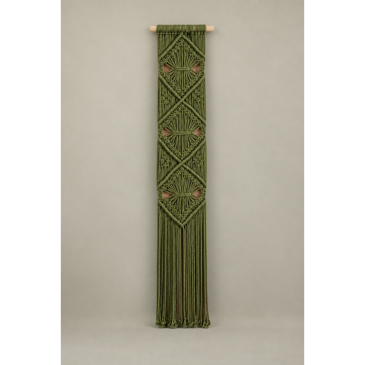 Deep olive knotted macrame banner with rust accents on a gray background