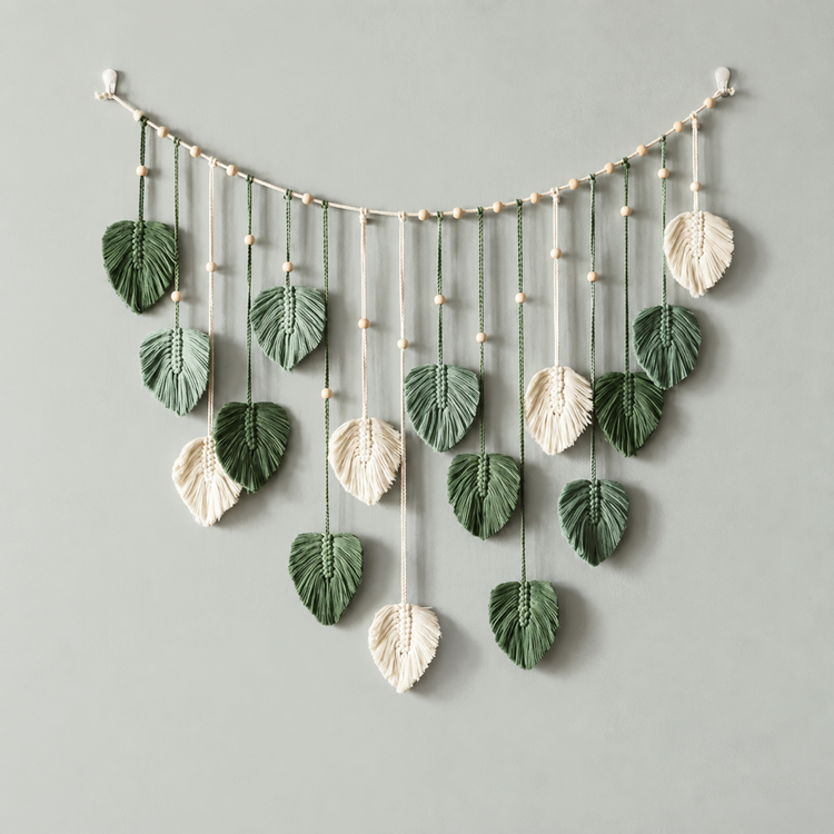 A bohemian-style leaf wall hanging featuring textured green and cream macrame leaves suspended from a curved string with small wooden beads, displayed against a solid light gray wall.