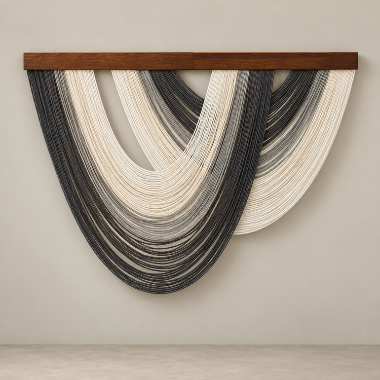 Charcoal and cream nested arc fringe wall hanging on a pale studio wall