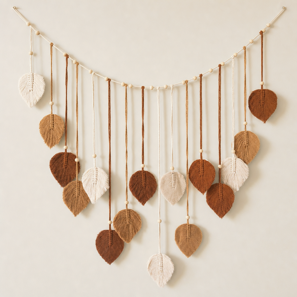 Beaded Cord Wall Garland, 120 cm, Leaf or Tassel Ends - Khaki - Leaf