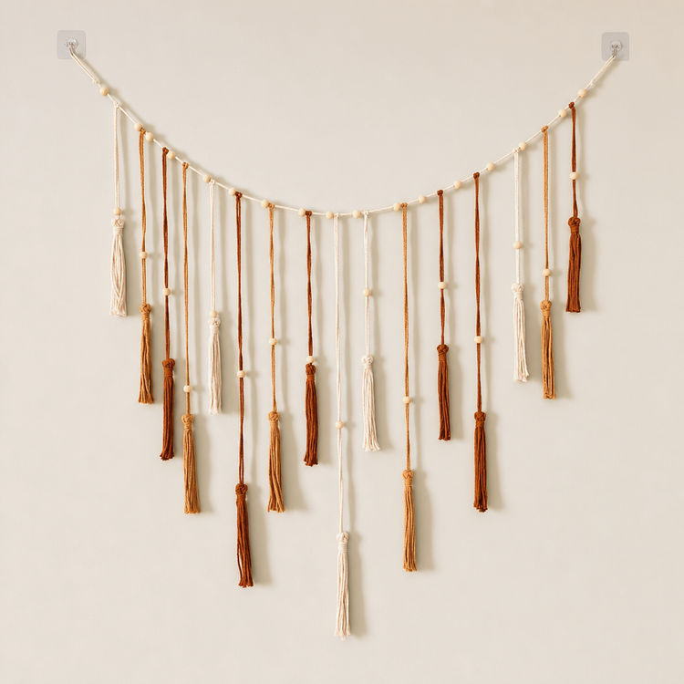 Beaded Cord Wall Garland, 120 cm, Leaf or Tassel Ends - Khaki - Tassel