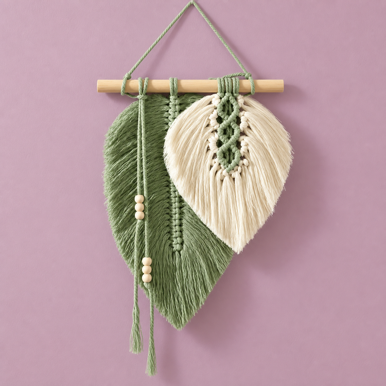 Sage and cream combed macrame leaf hanging with wooden beads on pink