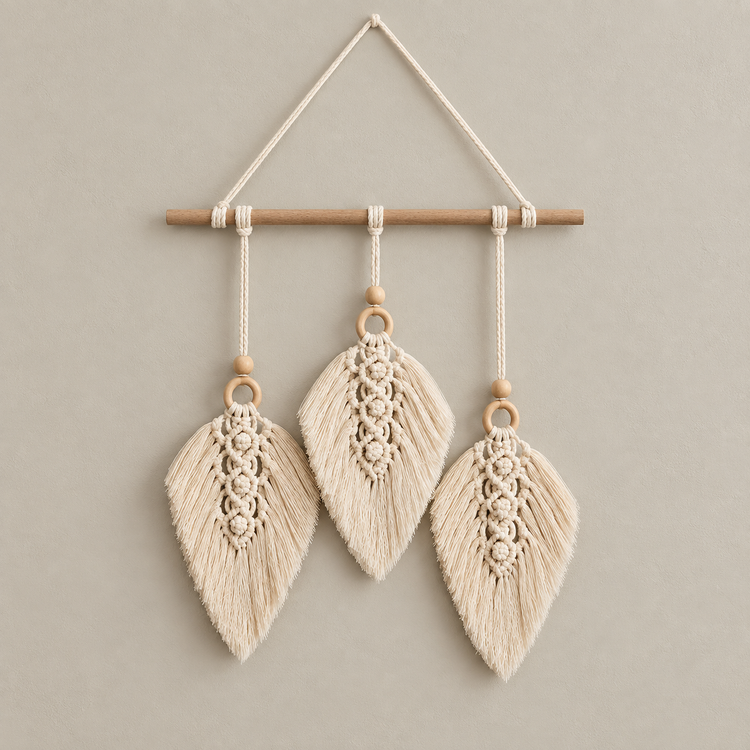 Three cream macrame leaves with knotted crowns on a dowel, gray background
