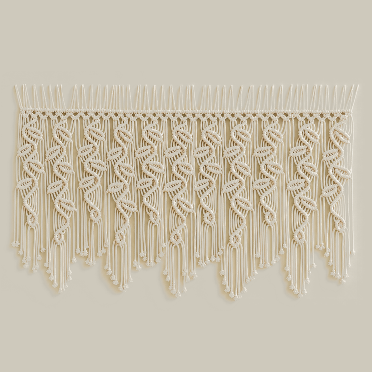 Cream macrame wall hanging with intricate woven patterns and long fringe, displayed against a solid beige background.