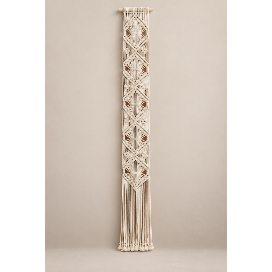Off-white knotted macrame banner with stacked diamonds on a warm gray wall