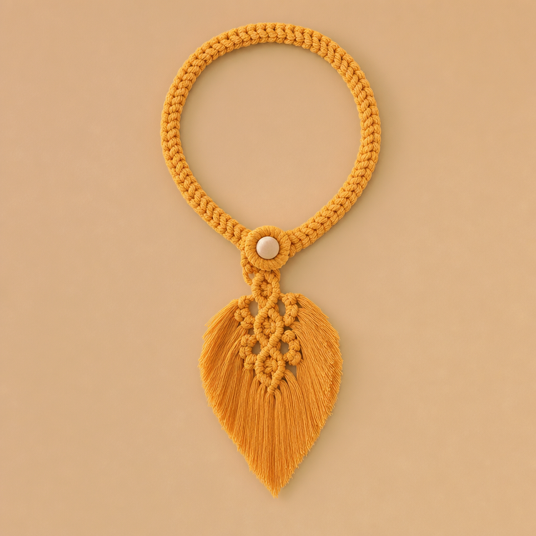 A mustard yellow crocheted necklace with a leaf-shaped tassel pendant and a central white bead, displayed on a solid beige background.