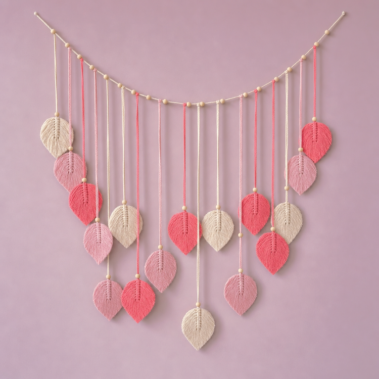 Beaded Cord Wall Garland, 120 cm, Leaf or Tassel Ends - Pink - Leaf