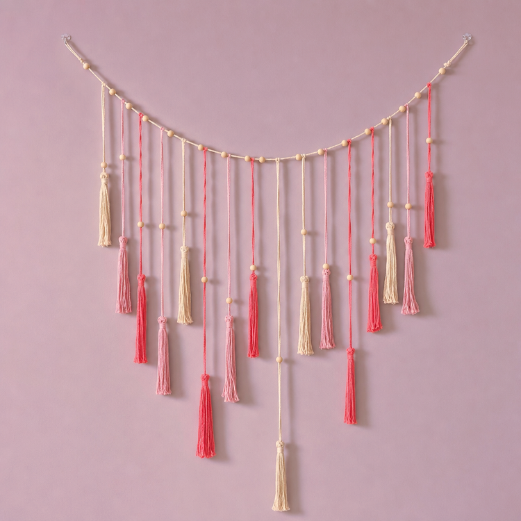 Beaded Cord Wall Garland, 120 cm, Leaf or Tassel Ends - Pink - Tassel