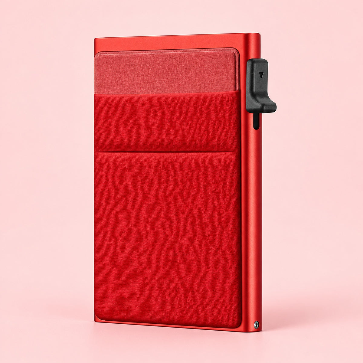 One empty red metal and red-front slim card wallet.