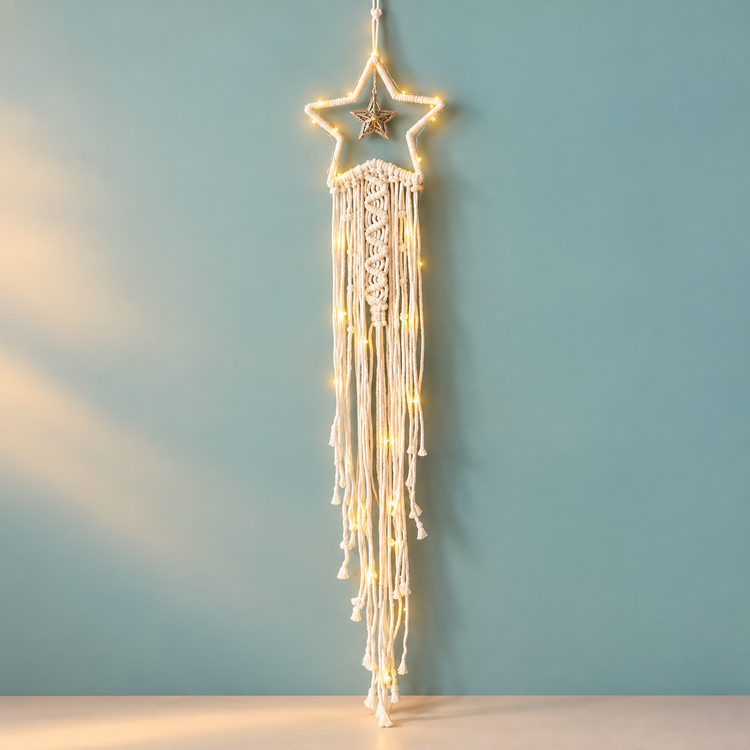 Cream star dream catcher lit with warm white bulbs on a teal background