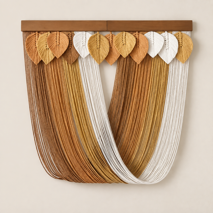A decorative wall hanging or curtain panel with a wooden top bar, woven leaf-shaped accents in tan, brown, and white, and many long hanging strands in warm tan, medium brown, and white against a light beige wall.